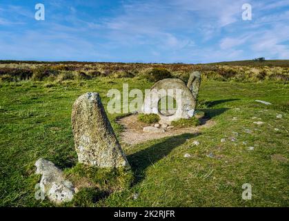 Men-an-Tol known as Men an Toll or Crick Stone - small formation of standing stones in Cornwall, United Kingdom Stock Photo