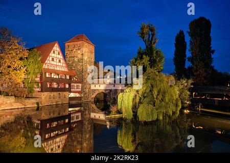 Nuremberg city houses on riverside of Pegnitz river. Nuremberg, Franconia, Bavaria, Germany Stock Photo