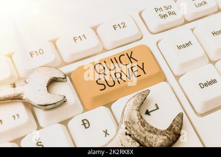 Sign displaying Quick Survey. Business concept Conduct fast check on condition value situation of something Stock Photo