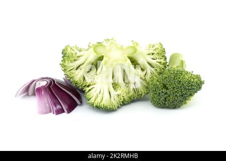 Fresh broccoli and onion on white background Stock Photo