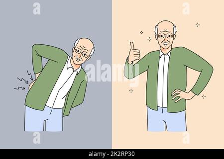 Old man suffer from backache before and after Stock Photo