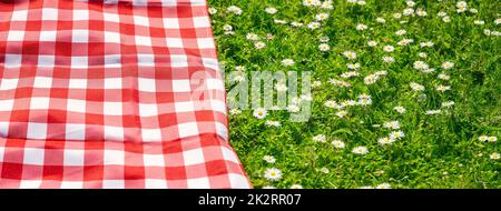 Picnic duvet on the meadow with green grass and spring flowers Stock Photo