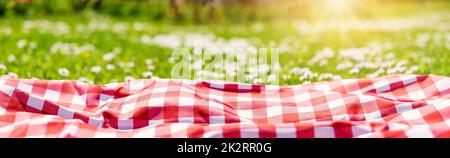 Closeup view of the picnic duvet on the meadow with green grass and spring flowers. Stock Photo