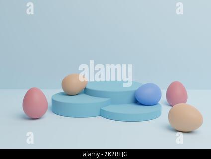 Light, pastel, baby blue 3D rendering of Easter themed product display podium or stand composition with colorful eggs minimal, simple for multiple products Stock Photo