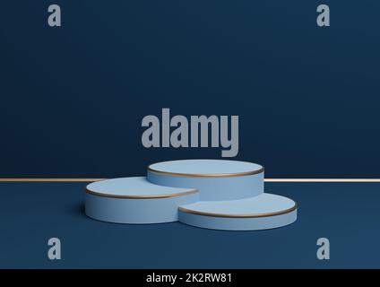 Dark, aqua blue 3D rendering product display three podiums stands with ...