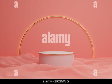 Bright, neon, salmon pink 3D rendering luxurious product display podium or stand minimal composition with golden arch line in background and light Stock Photo