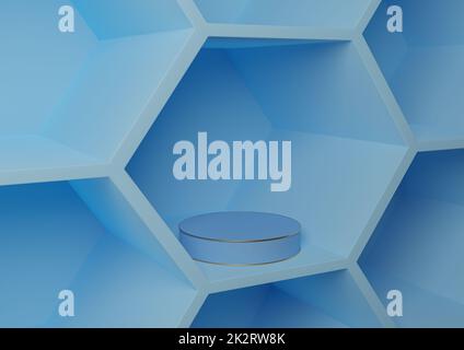 Bright, neon, salmon pink 3D rendering product display honeycomb pattern abstract background for product photography nature, geometric, simple template cylinder platform podium or stand Stock Photo