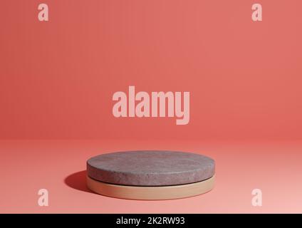 Bright, neon, salmon pink 3D rendering simple product display, natural minimal background with cylinder podium stand made out of concrete and wood for nature products Stock Photo