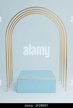 Light, pastel, baby blue 3D rendering minimal product display cube podium or stand with luxury gold arches and golden lines. Simple background abstract composition. Stock Photo