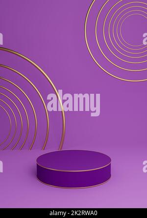 Bright purple, violet 3D rendering minimal product display luxury cylinder podium or product background abstract composition with golden lines and circles Stock Photo