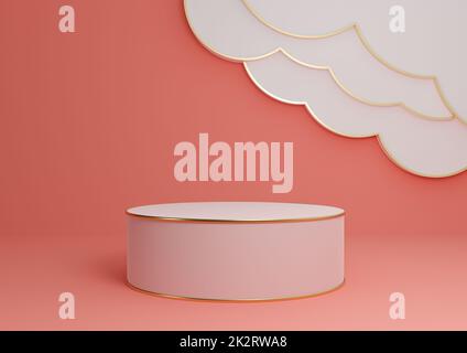 Bright, neon, salmon pink 3D rendering product display podium or stand with abstract clouds and golden lines luxurious minimal, simple composition background cylinder platform Stock Photo