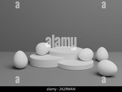 Dark graphite gray, black and white 3D rendering of Easter themed product display podium or stand composition with colorful eggs minimal, simple for multiple products Stock Photo