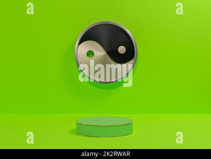 Bright, neon green 3D rendering product display background simple, minimal with metallic Yin and yang symbol podium or stand with golden line, backdrop for nature, cosmetic, luxury product photography Stock Photo