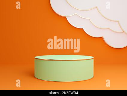 Neon orange, bright red 3D rendering product display podium or stand with abstract clouds and golden lines luxurious minimal, simple composition background cylinder platform Stock Photo
