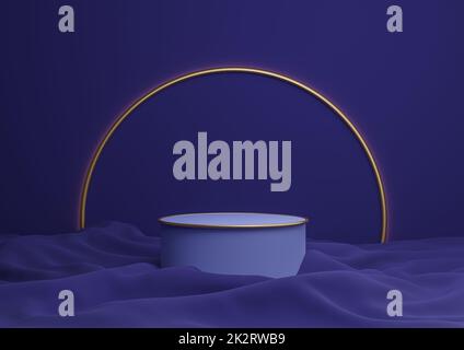 Dark blue 3D rendering luxurious product display podium or stand minimal composition with golden arch line in background and light Stock Photo