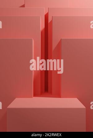 Bright, neon, salmon pink 3D rendering simple, minimal, geometric background for product podium, stand display template for presentation backdrop or wallpaper Stock Photo