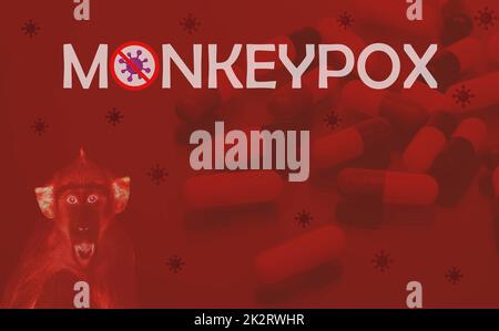Monkeypox outbreak concept. Monkeypox is caused by monkeypox virus. Pills for treatment monkeypox. New antiviral medicine concept. Treatment regimen for stop and prevention monkey pox outbreak. Stock Photo