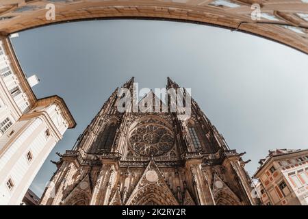 Low angle view at Saint Vitus Cathedral. Prague, Czech Republic Stock Photo
