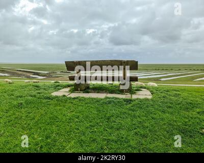 A lonely bench and some sheep on a green dike at the North Sea near Husum. Stock Photo