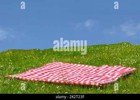 Red picnic cloth. Red checked picnic blanket on a meadow with daisies in bloom and cloudy sky. Beautiful backdrop for your product placement or montage. Stock Photo