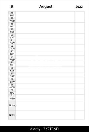 Calendar planner for second half of august 2022. monthly planner Stock Photo