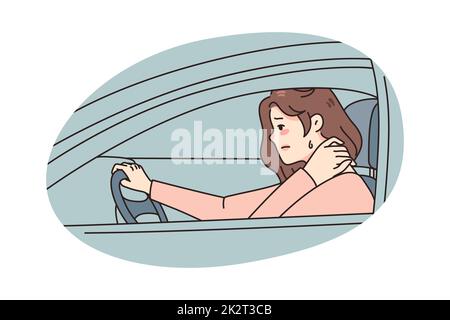 Unhealthy woman drive suffer from neck pain Stock Photo