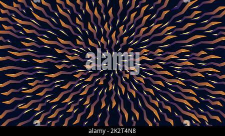 Ethnic spiral pattern of yellow-brown-purple lightning bolts on dark background. Modern festive horizontal template. Concept of night fireworks Stock Vector
