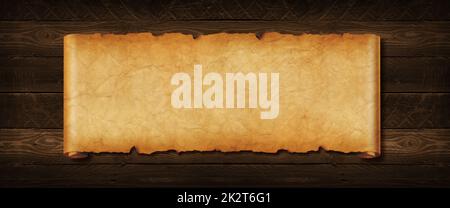 Old paper horizontal banner. Parchment scroll on a wood board Stock Photo