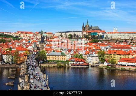 View of Mala Strana, Charles bridge and Prague castle from Old Stock Photo