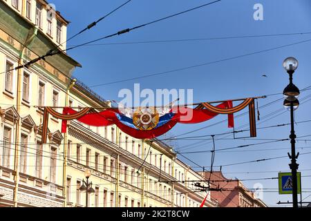 Saint Peterburg festive decoration on day of victory May 9 anniversary in Russia Stock Photo