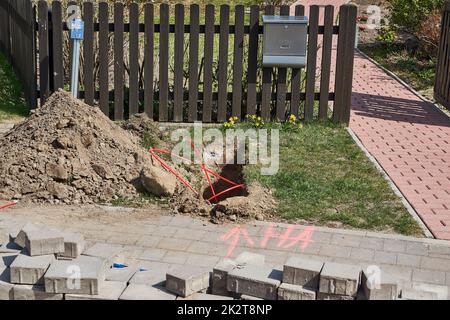 fiber laying for high speed internet construction site Stock Photo