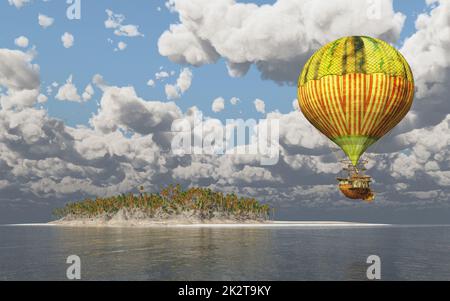 Fantasy hot air balloon over the sea with an island Stock Photo