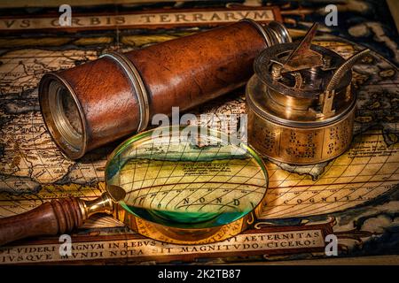 Old vintage compass on ancient map Stock Photo