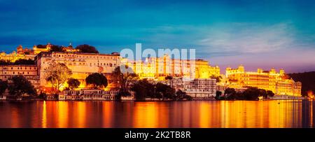 Udaipur City Palace in the evening panoramic view. Udaipur, Indi Stock Photo