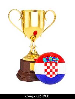 Gold trophy cup and soccer football ball with Croatia flag Stock Photo