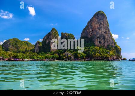 Rocks, water and tropical white sand beach, Railay beach west, A Stock Photo