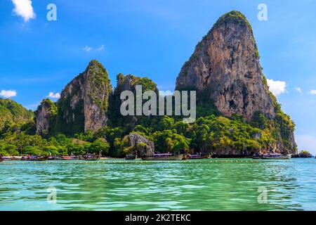 Rocks, water and tropical white sand beach, Railay beach west, A Stock Photo