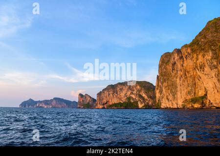 Rocks cliffs in sunset, Phi Phi Leh islands, Andaman sea, Krabi Stock Photo