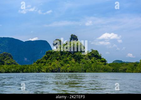 Dog rock hill near river, Ko Pan Yi, Ao Phang-nga National Park Stock Photo