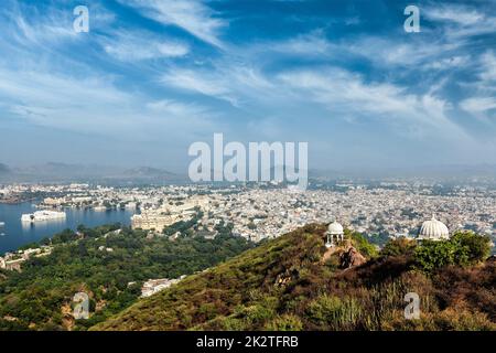 Aerial view of the City Palace and Lake Pichola during a vibrant sunset ...
