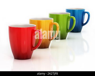 Colorful porcelain coffee cups isolated on white background. 3D illustration Stock Photo