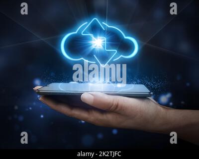 Cloud shape and download upload arrows on smartphone in hand. 3D illustration Stock Photo