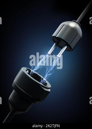 Lightnings between electric plug and power socket. Electrical energy concept. 3D illustration Stock Photo