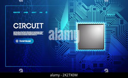 Electronic circuit board in sphere shield. Blue technology network vector illustration with hexagon wave. Network connection background. Stock Vector