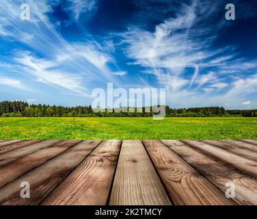 Wooden planks floor and summer meadow Stock Photo