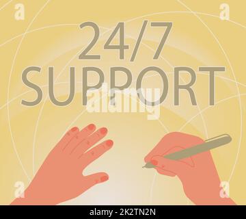 Conceptual display 24 Or 7 Support. Business concept Giving assistance to service whole day and night No downtime Hands Using Pencil Strategizing Newest Innovative Creative Goal Plans. Stock Photo