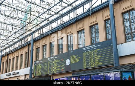 Helsinki, Finland - September 3, 2019: Online arrival and departure board on Helsinki Central Station (Finnish: Helsingin paarautatieasema) (HEC), mai Stock Photo