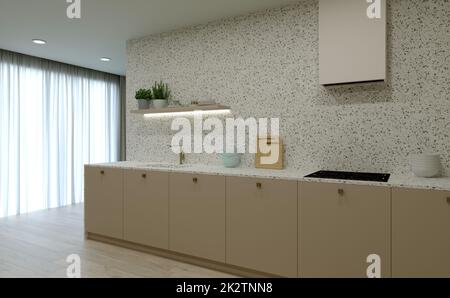 Kitchen interier. 3D rendering of a bright kitchen. Stock Photo