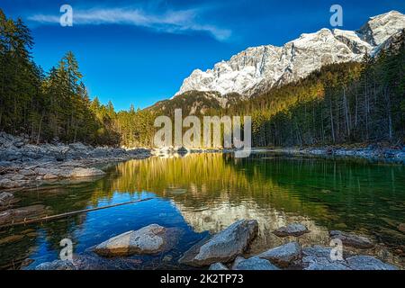 Frillensee lake and Zugspitze - the highest mountain in Germany Stock Photo