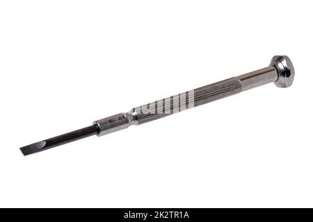 Closeup of a small metal screwdriver for performing work on installed small screws isolated on a white background. Clipping path. Macro. Stock Photo